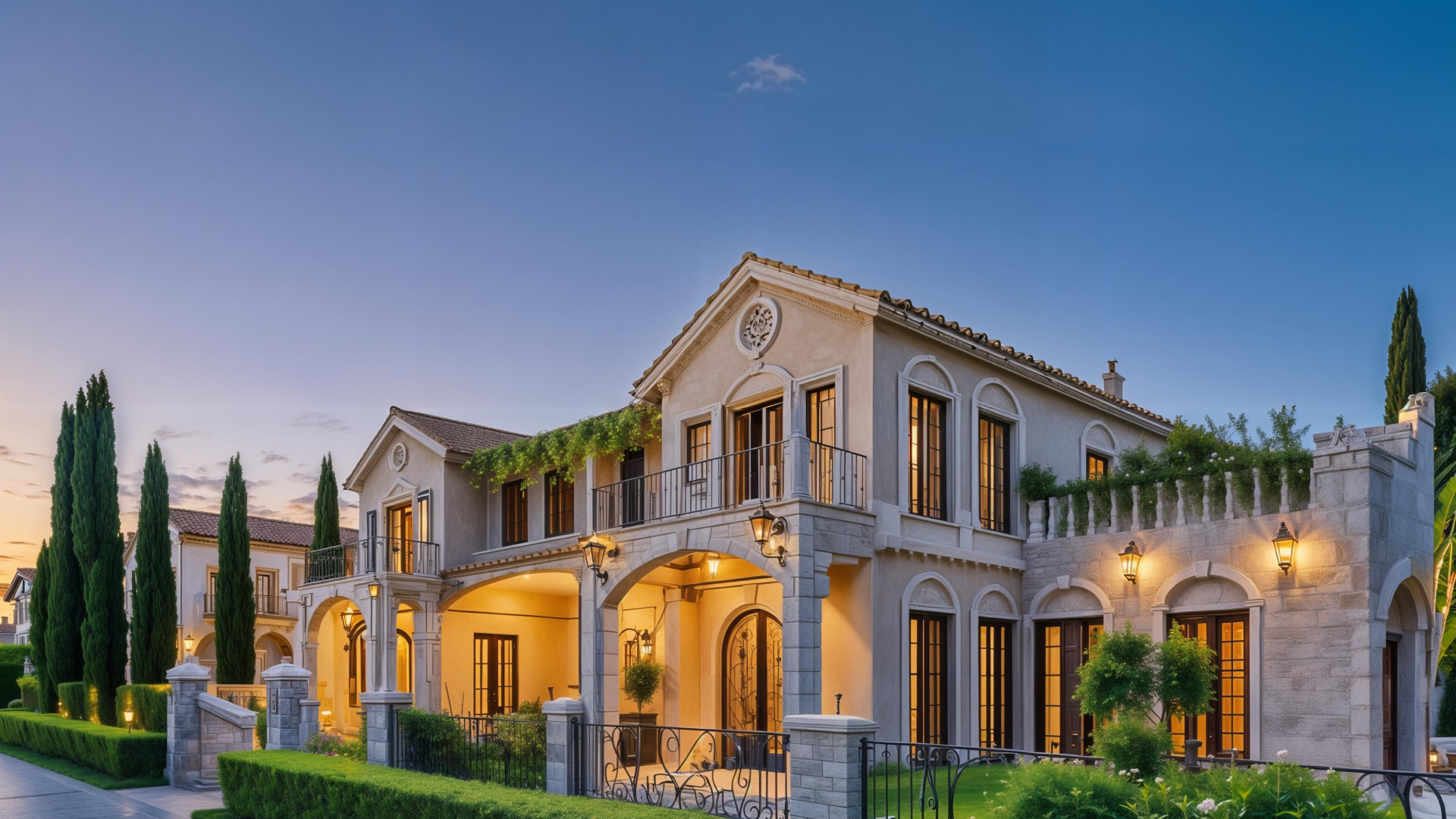 Luxurious mansion exterior at dusk with garden lights.
