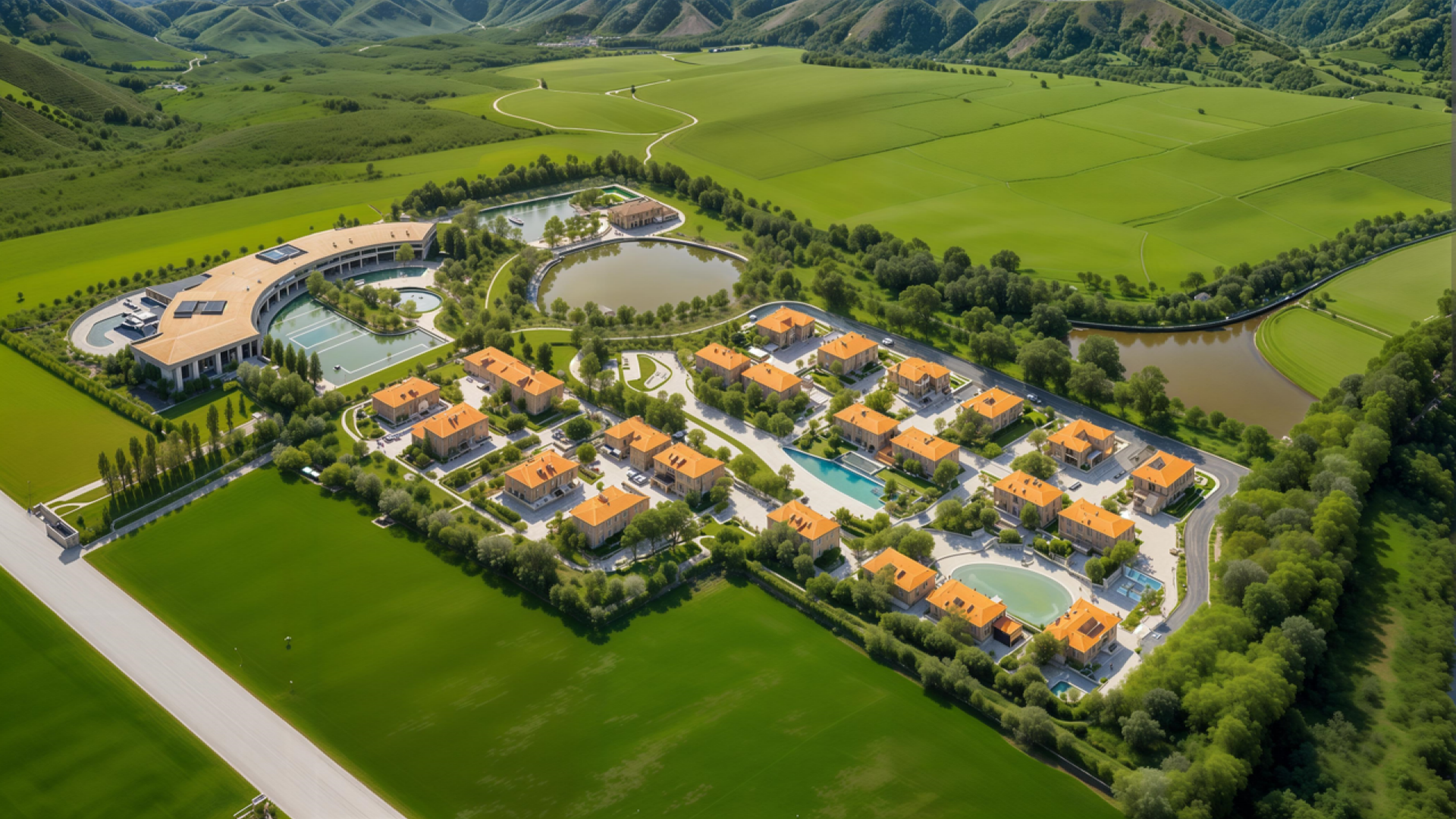 Aerial view of a lush green estate