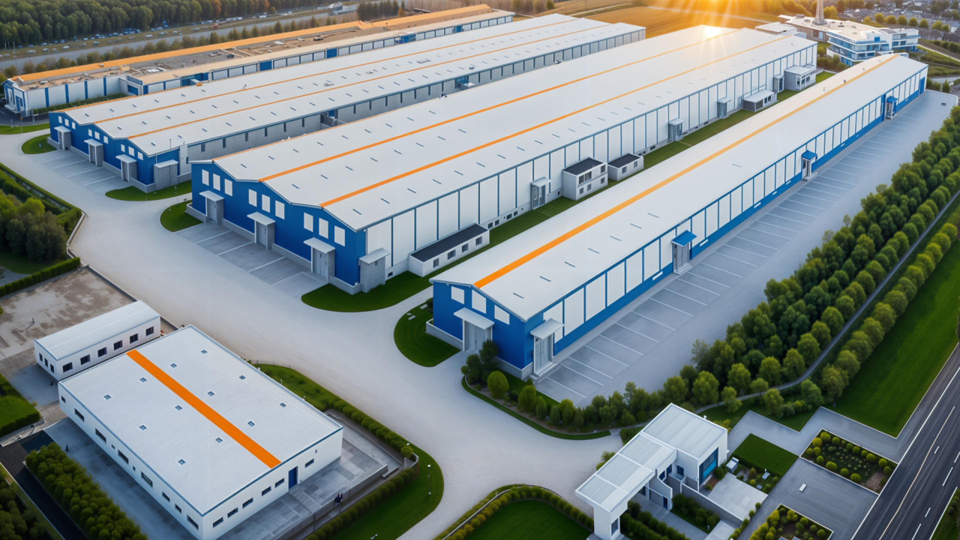 Aerial view of large modern industrial warehouse complex.