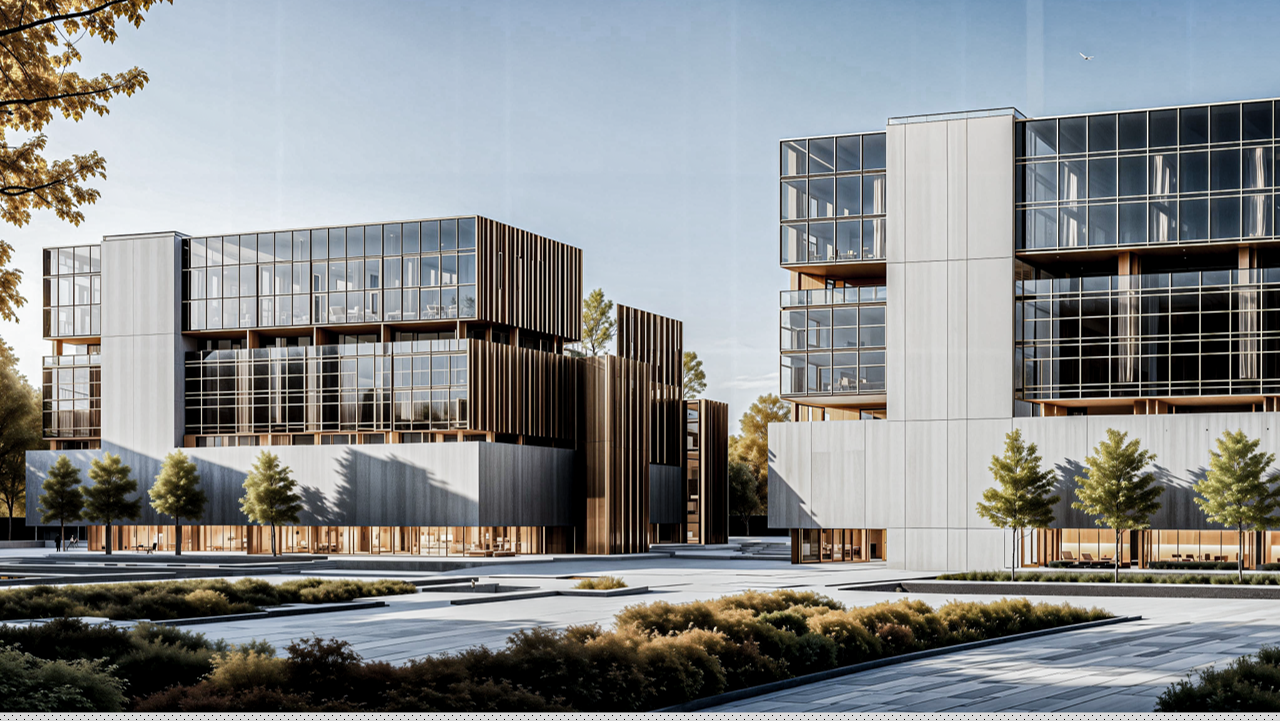 Modern office buildings with glass facades.