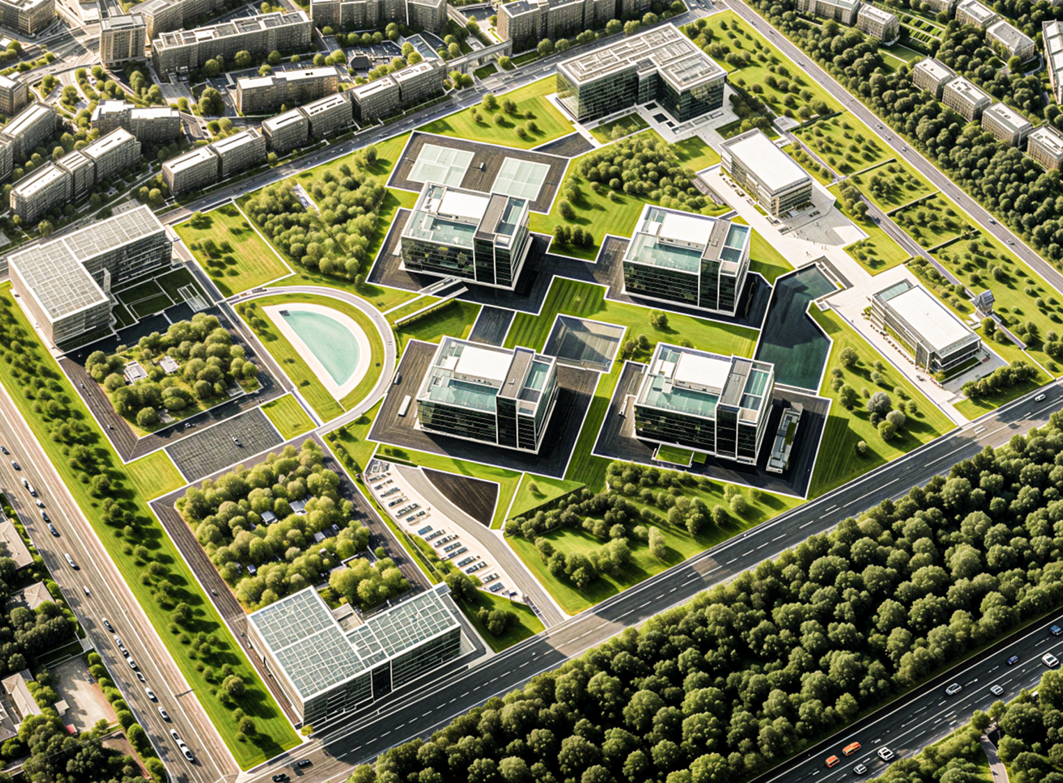 Aerial view of modern office buildings and greenery.