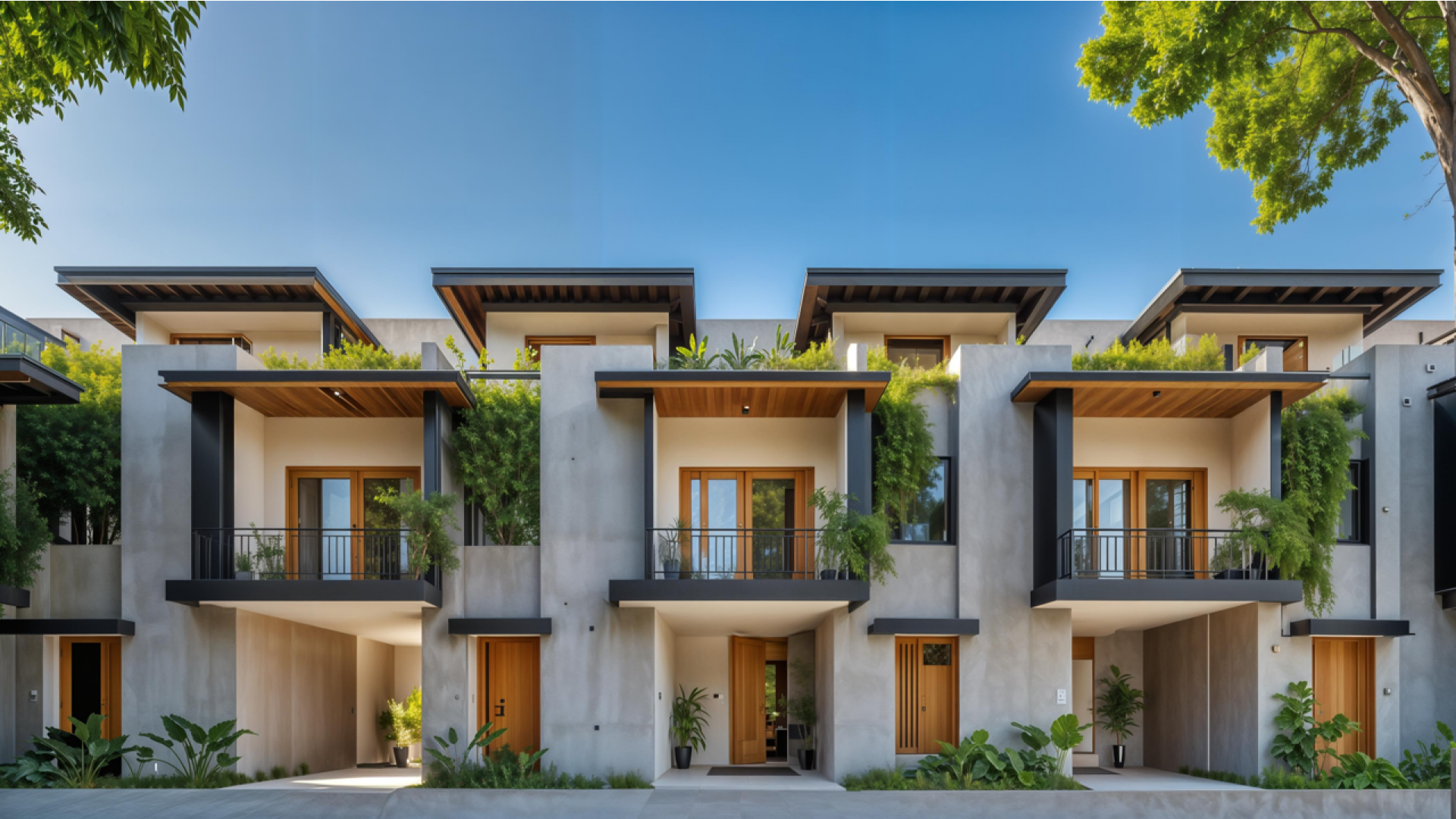 Modern townhouses with vegetation and balconies
