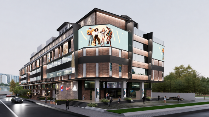 3D architectural rendering of a contemporary sustainable commercial building.