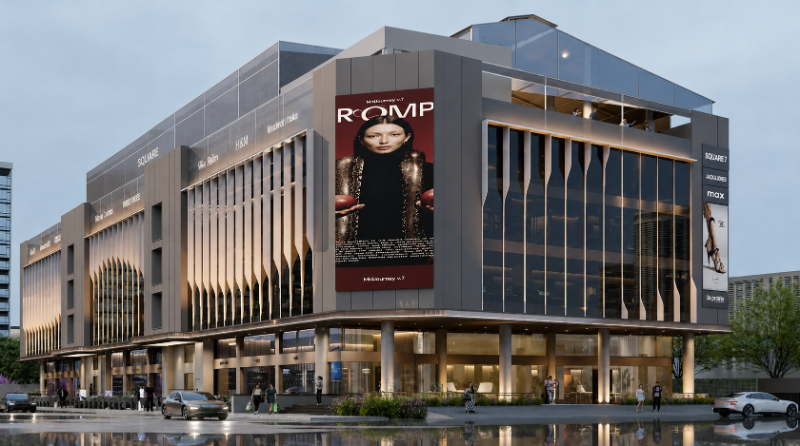 Completed commercial architecture project with high-impact corporate branding.