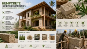 Infographic detailing hempcrete benefits in Indian construction including thermal comfort, low carbon footprint, and plant-to-wall process.
