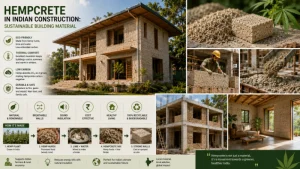 Infographic illustrating eco-friendly benefits of hempcrete walls, showing carbon-negative properties and green building steps.