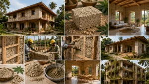 Indian construction workers mixing and casting hempcrete blocks on-site for a sustainable residential building project.