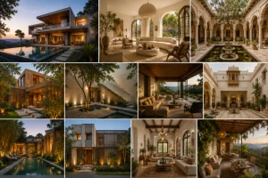 Collage of modern and traditional sustainable architecture projects in India utilizing natural insulation and eco-friendly design.